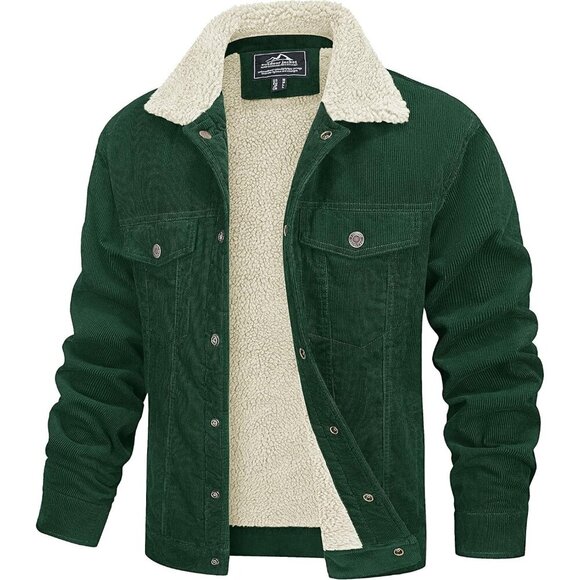 MensEmerald Green Corduroy Jacket Sherpa Lined Warm Winter Trucker Cargo Coat